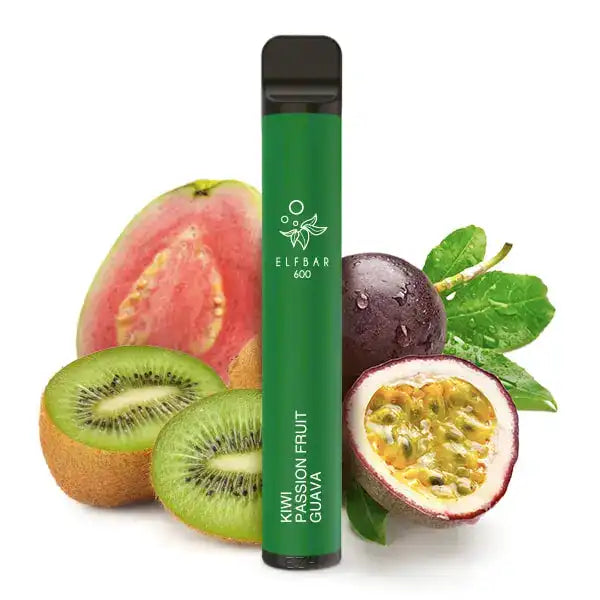 Bild mit Elfbar 600 Kiwi Passion Fruit Guava Nikotinfrei im Hintergrund sind Kiwis und Passionsfrucht.