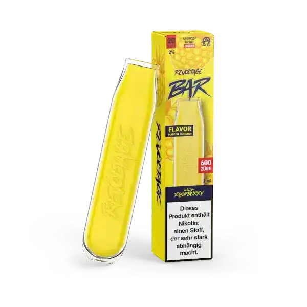 Bild mit Revoltage Yellow Raspberry Nikotinfrei im Hintergrund ist die Verpackung.