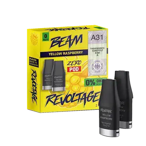 Bild mit Revoltage Yellow Raspberry Pods nikotinfrei im Hintergrund ist die Verpackung.