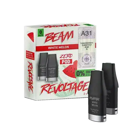 Bild mit Revoltage White Melon Pods nikotinfrei im Hintergrund ist die Verpackung.