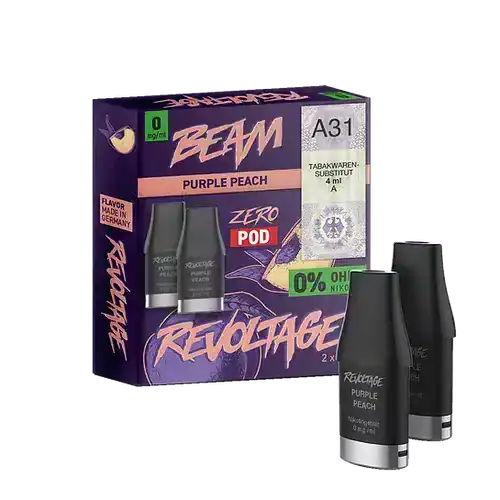 Bild mit Revoltage Purple Peach Pods nikotinfrei im Hintergrund ist die Verpackung.