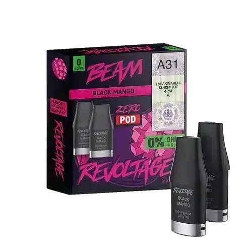 Bild mit Revoltage Black Mango Pods nikotinfrei im Hintergrund ist die Verpackung.