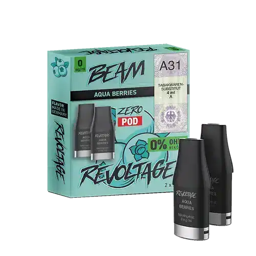 Bild mit Revoltage Aqua Berries Pods nikotinfrei im Hintergrund ist die Verpackung.