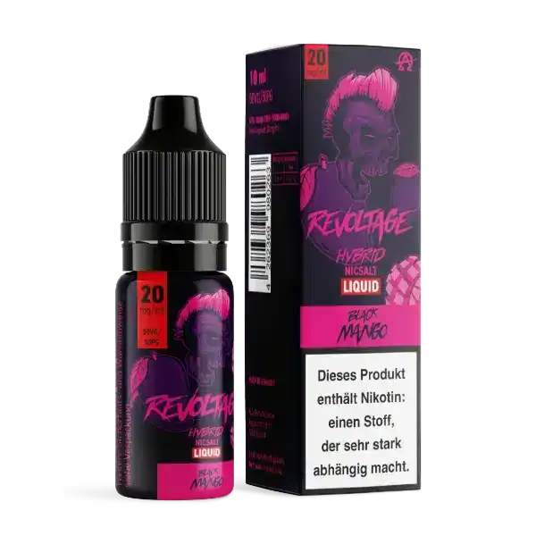 Revoltage Black Mango E-Liquid 20mg Produktbild mit Liquid und Verpackung