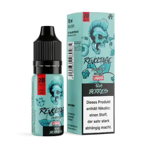 Revoltage Aqua Berries E-Liquid 20 mg Produktbild mit E-Liquid und Verpackung