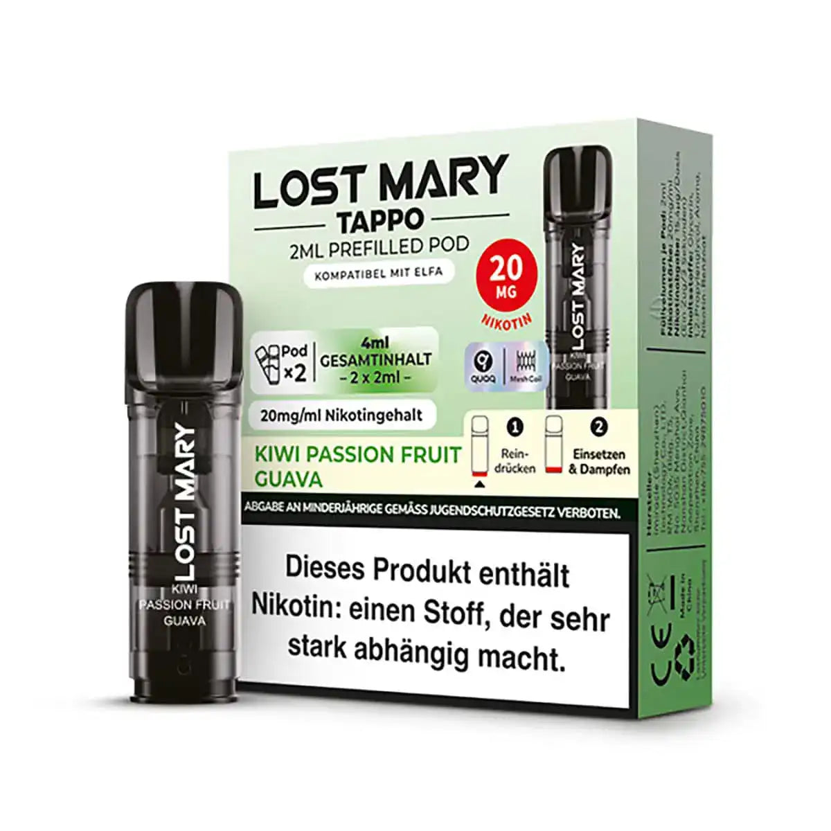 Bild mit Lost Mary Pods Kiwi Passion Fruit Guava im Hintergrund ist die Verpackung.