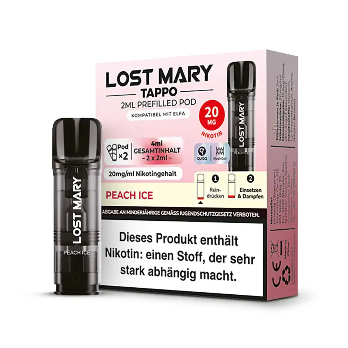 Bild mit Lost Mary Pods Peach Ice im Hintergrund ist die Verpackung.
