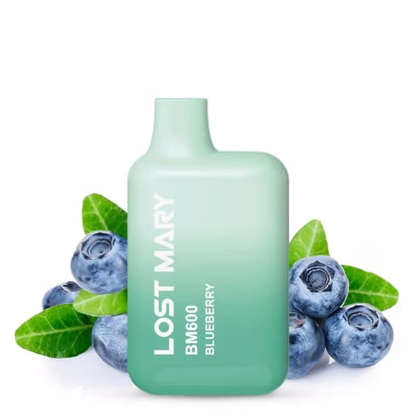 Lost Mary Blueberry Produktbild mit Produkt abgebildet im Vordergrund und Blaubeeren im Hintergrund