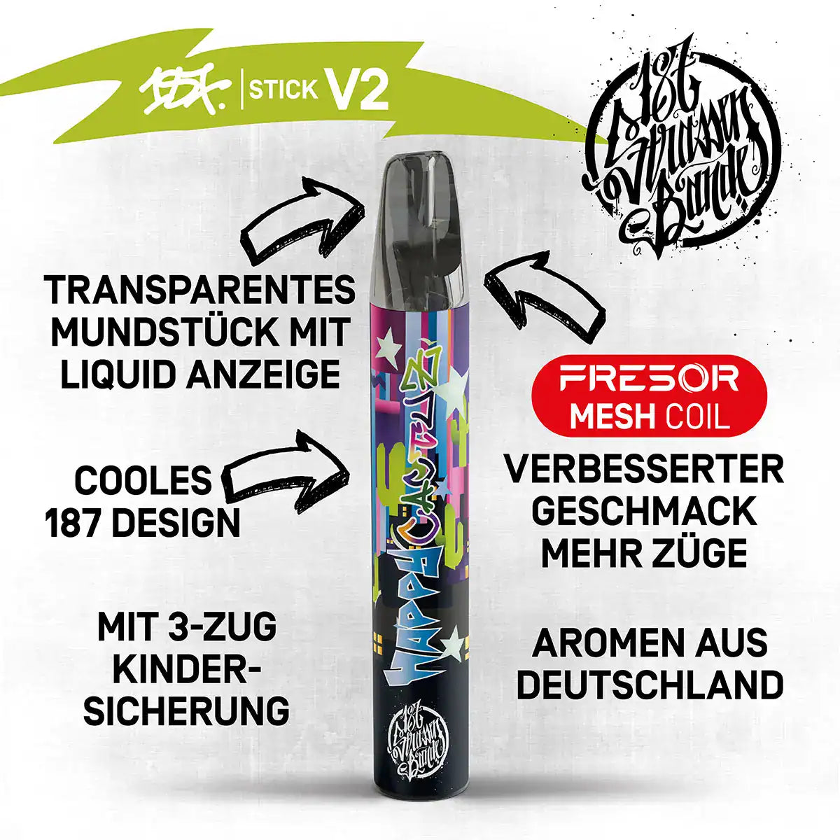 Stick V2 von 187 Design mit transparentem Mundstück und Liquid-Anzeige, ausgestattet mit Fresor Mesh Coil Technologie für verbesserten Geschmack und mehr Züge. Das Design zeigt das coole 'Happy Crystal' Motiv und bietet eine kindersichere 3-Zug-Sicherung. Aromatisiert mit Aromen aus Deutschland.