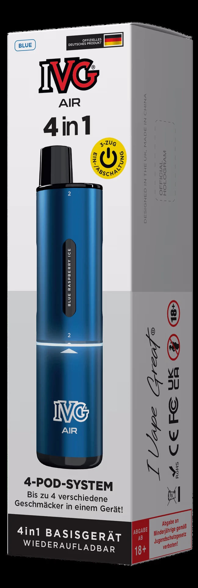 IVG Air 4 in 1 Basisgerät Blue: Blauer Vape-Pen mit austauschbaren Pods, verpackt in einer weißen und grauen Schachtel mit "4in1"-Aufdruck und Nikotinwarnhinweis.