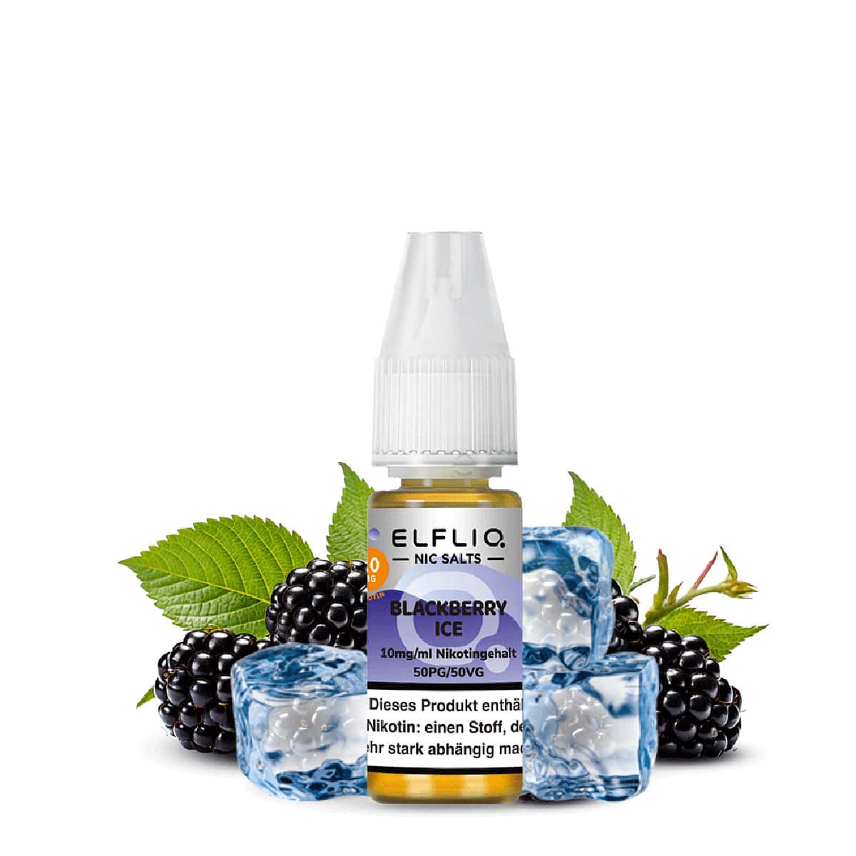 Produktvisualisierung von **Elfliq Blackberry Ice** – Nikotinsalz-Liquid mit 10 mg/ml Nikotingehalt (50PG/50VG). Im Vordergrund sind Eiswürfel und frische Brombeeren zu sehen, die die erfrischend-fruchtige Geschmackskomposition symbolisieren.