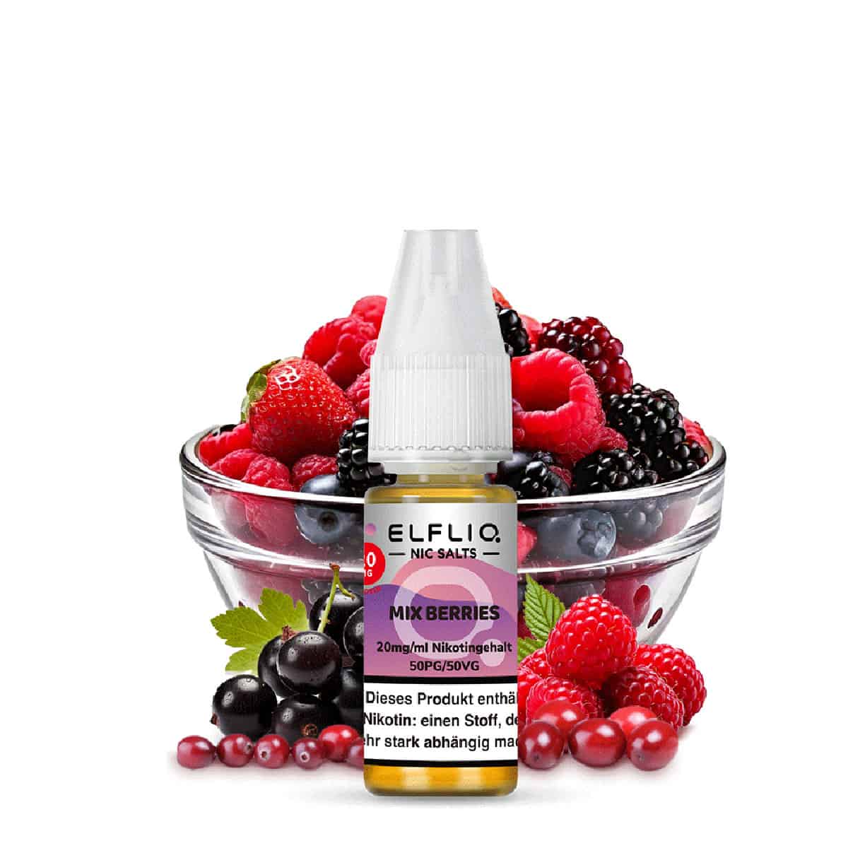 Flasche Elfliq Mix Berries Liquid mit 20 mg/ml Nikotingehalt vor einer Schale aus frischen Waldbeeren wie Himbeeren, Brombeeren und Johannisbeeren – aromatischer Fruchtmix für intensives Dampfen.