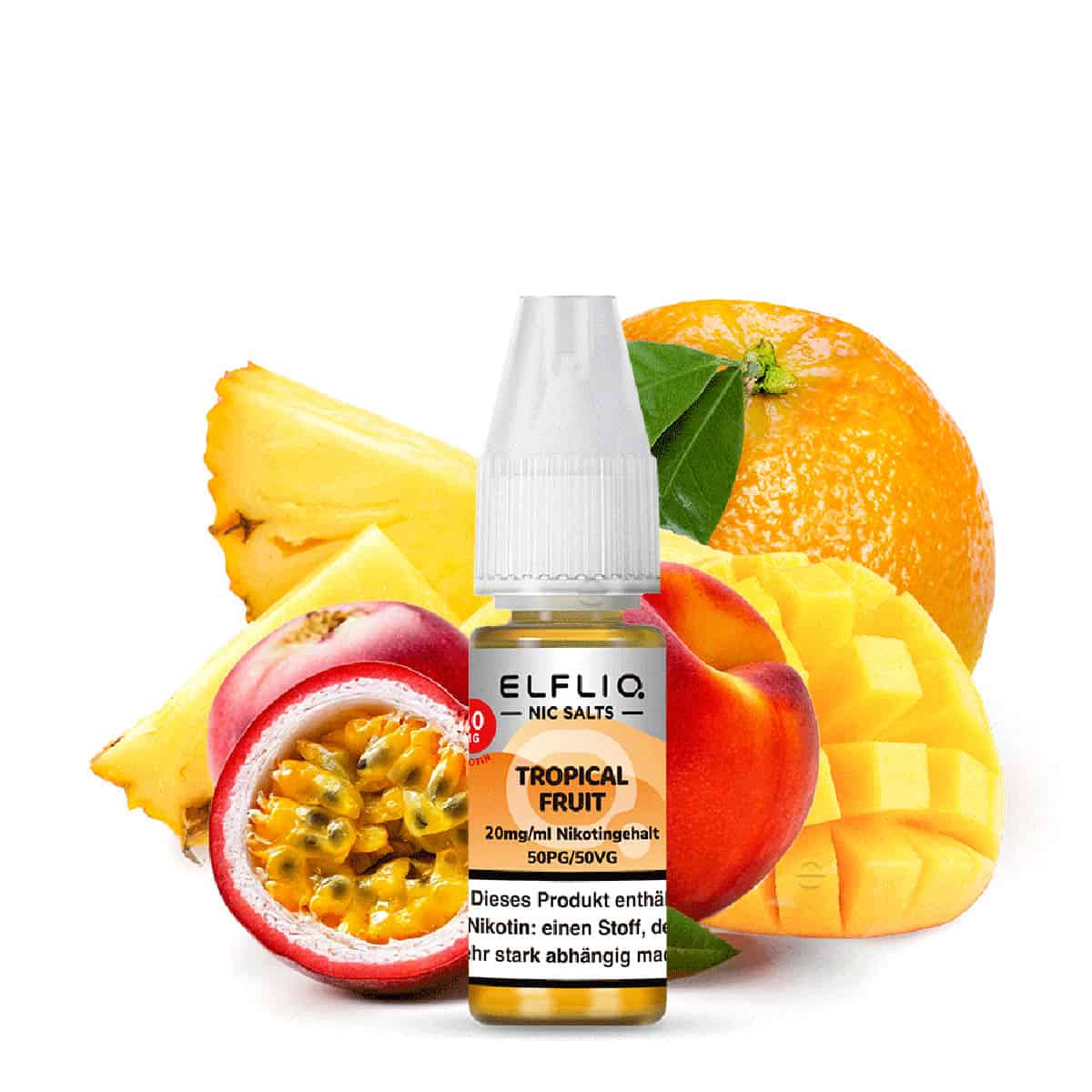 ELFliq Tropical Fruit 20 mg/ml Nikotinsalz Liquid mit intensiver Mischung aus tropischer Ananas, süßer Mango, saftiger Orange, Passionsfrucht und Pfirsich.
