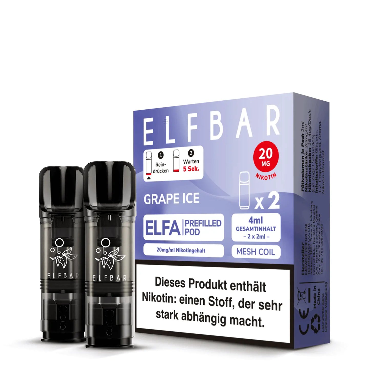 ELFBAR ELFA Pods Grape Ice mit 20 mg/ml Nikotin – Verpackung mit zwei vorbefüllten Pods à 2 ml, inklusive Warnhinweis zu Nikotinabhängigkeit.