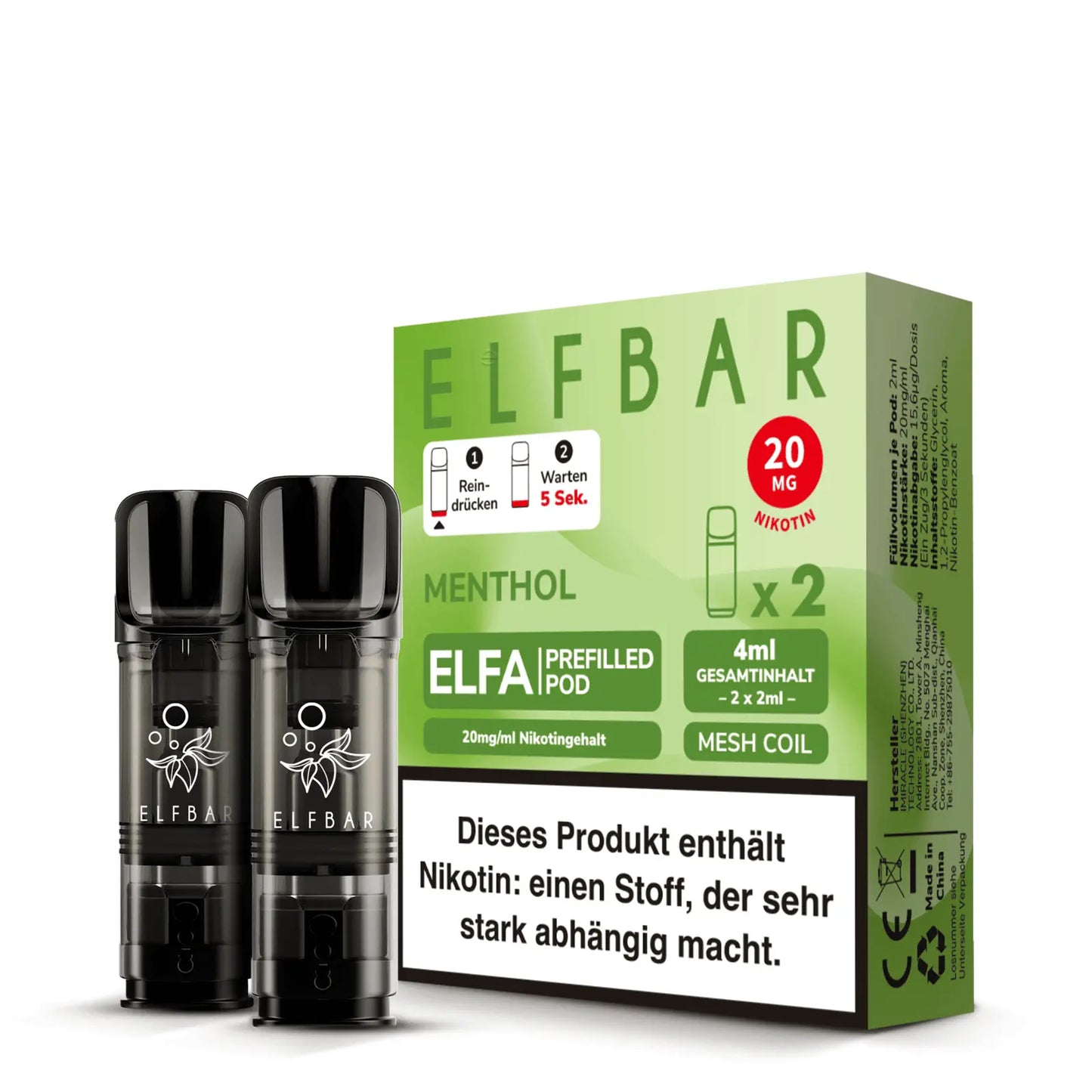 ELFBAR ELFA Pod Menthol mit 20 mg Nikotingehalt – Verpackung mit zwei schwarzen vorbefüllten Pods, grünem Design und Warnhinweis zur Nikotinabhängigkeit.