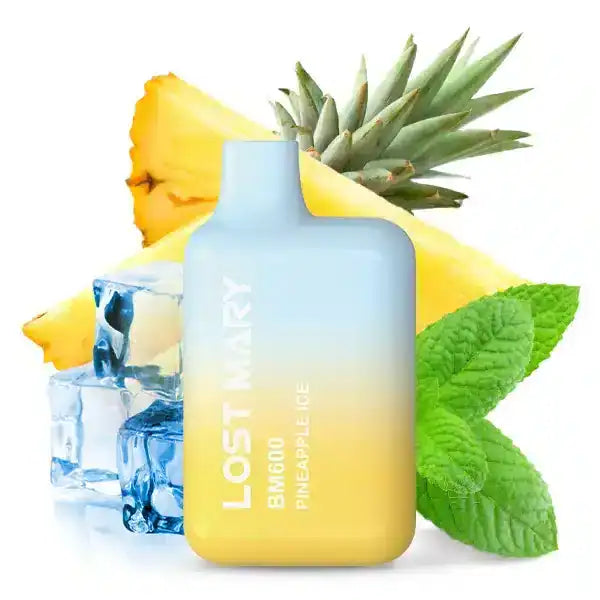 Lost Mary Pineapple Ice Produktbild mit dem Produkt abgebildet und im Hintergrund aufgeschnittene Ananas und Eiswürfel