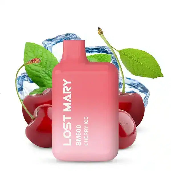 Lost Mary Cherry Ice Produktbild mit dem Produkt abgebildet und Kirschen und Eiswürfeln im Hintergrund