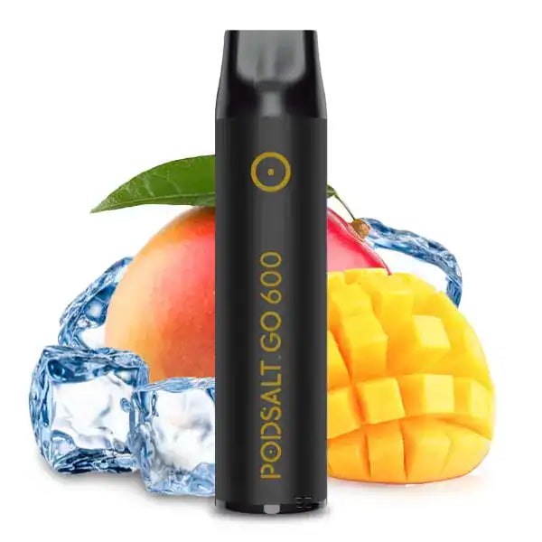 Pod Salt Mango Ice Produktbild mit Mango und Eiswürfeln im Hintergrund