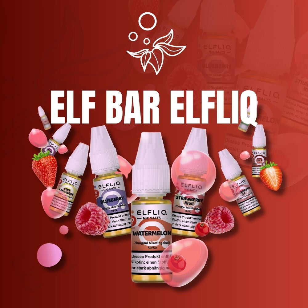 Werbegrafik für Elf Bar Elfliq Nikotinsalze auf rotem Hintergrund. Das Bild zeigt verschiedene Liquid-Flaschen (u.a. Watermelon, Blueberry und Strawberry Kiwi) umgeben von frischen Beeren wie Erdbeeren und Himbeeren sowie rosa Schmuckelementen.