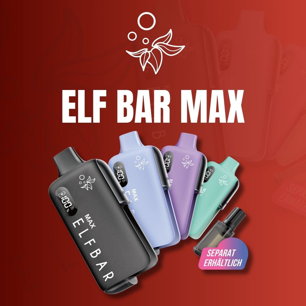 Werbegrafik für das Elf Bar Max Basisgerät auf rotem Hintergrund. Zu sehen sind vier Geräte in den Farben Schwarz, Blau, Lila und Türkis mit digitaler Ladestandsanzeige. Ein Hinweis zeigt, dass Pods separat erhältlich sind.