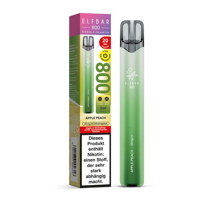 Elfbar 800 Einweg E-Zigarette Apple Peach mit Verpackung, grünes Gerät mit Pfirsich- und Apfelgeschmack, 20 mg Nikotin und bis zu 800 Zügen.