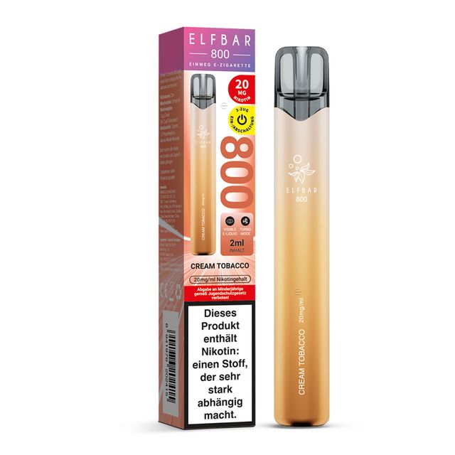 Elfbar 800 Einweg E-Zigarette Cream Tobacco mit Verpackung, goldfarbenes Gerät mit cremigem Tabakgeschmack, 20 mg Nikotin und bis zu 800 Zügen.