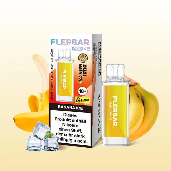 Ein gelber Flerbar Pod in der Sorte Banana Ice steht neben seiner Verpackung, umgeben von Bananen und Eiswürfeln auf hellgelbem Hintergrund.