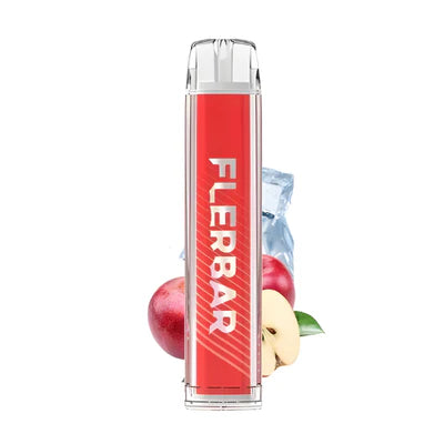 Flerbar Einweg E-Zigarette Apple Ice mit Apfel und Eiswürfeln im Hintergrund als Darstellung eines gekühlten Apfelgeschmacks.