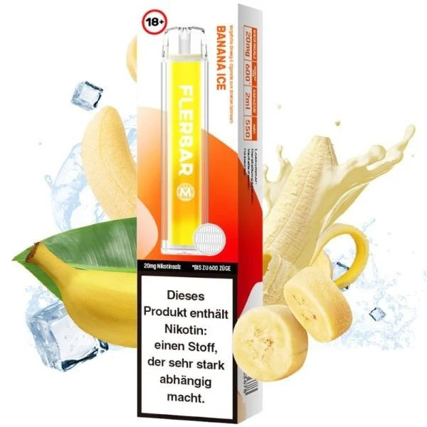 Flerbar Banana Ice Einweg E-Zigarette mit Verpackung, Gerät vor Bananen und Eiswürfeln zur Darstellung eines gekühlten Bananengeschmacks.