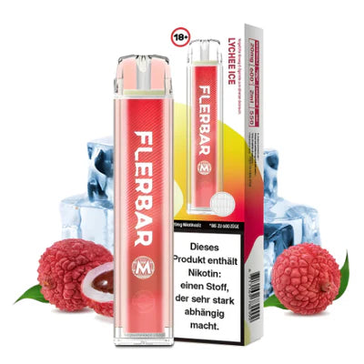 Flerbar Einweg E-Zigarette Lychee Ice mit Verpackung, Gerät vor Litschis und Eiswürfeln zur Darstellung eines gekühlten Litschi-Geschmacks.