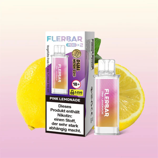 Flerbar Pink Lemonade Pods und Verpackung mit frischen Zitronen. Dual Mesh Coil System.