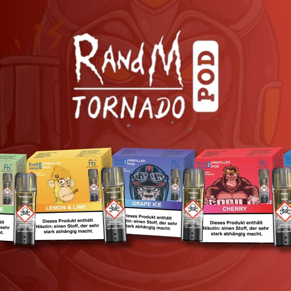 Werbegrafik für RandM Tornado Prefilled Pods auf rotem Hintergrund. Zu sehen sind verschiedene Produktverpackungen der Sorten Lemon & Lime, Grape Ice und Cherry mit Affen-Illustrationen sowie die dazugehörigen Pods. Deutsche Nikotin-Warnhinweise sind auf den Boxen abgebildet.