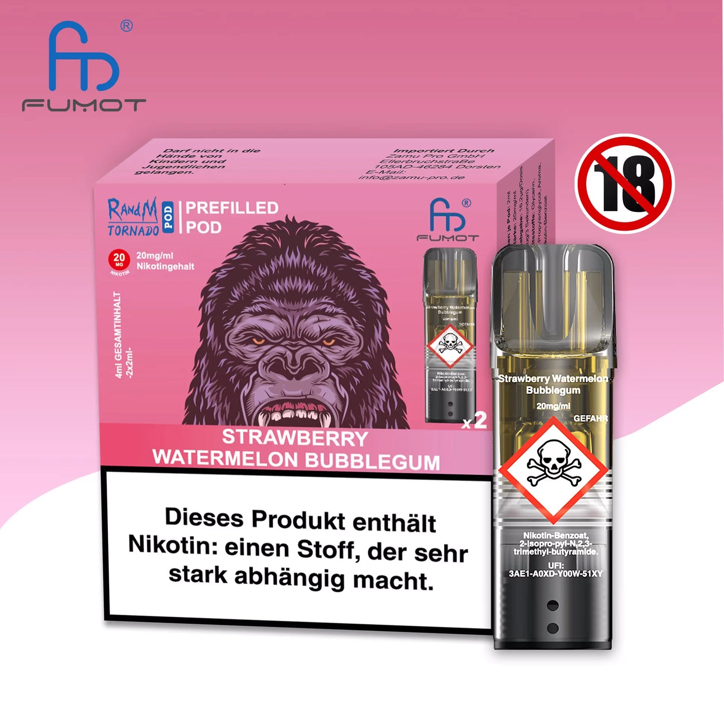 Produktbild der RandM Tornado Prefilled Pods in der Sorte Strawberry Watermelon Bubblegum. Zu sehen sind die pinke Verpackung mit Gorilla-Illustration, ein einzelner transparenter Pod sowie ein 18+ Warnsymbol. Die Packung enthält zwei Pods mit 20 mg/ml Nikotin und ist mit einem deutschen Gesundheitshinweis versehen.
