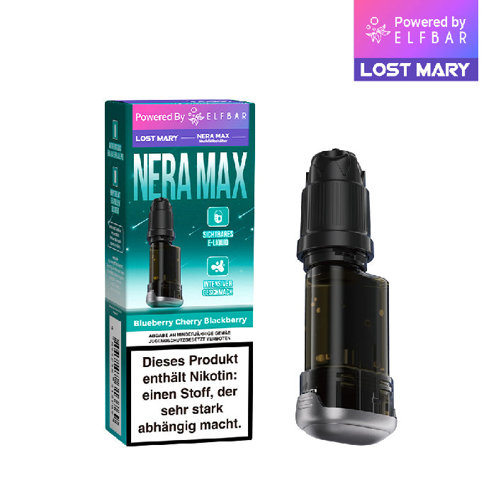 Lost Mary Nera Max Blueberry Cherry Blackberry: Blau-türkise Verpackung und Vape-Pod mit sichtbarem E-Liquid.