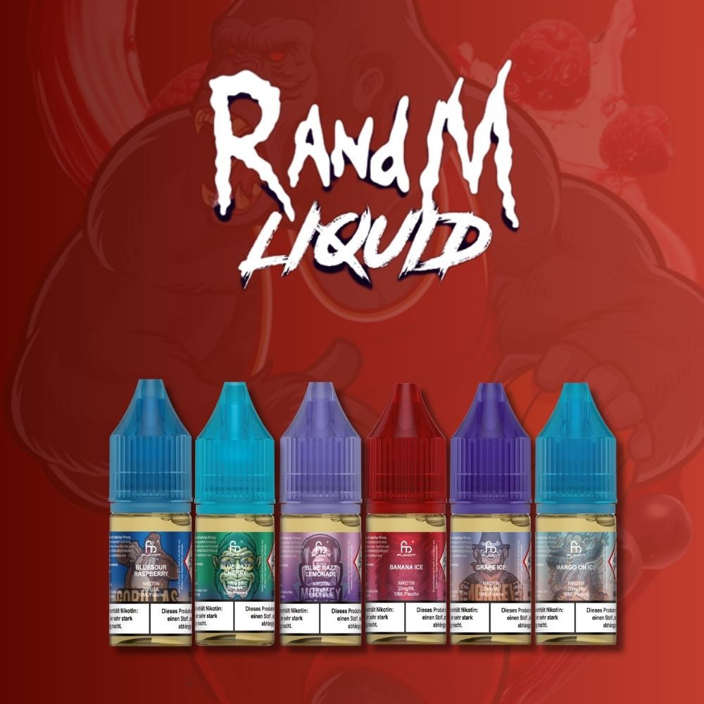 Werbegrafik für RandM Liquid auf rotem Grund mit Gorilla-Motiv. Gezeigt werden sechs verschiedene Liquid-Flaschen, darunter die Sorten Blue Sour Raspberry, Banana Ice und Mango On Ice. Die Etiketten weisen auf einen Nikotingehalt von 20 mg/ml hin.