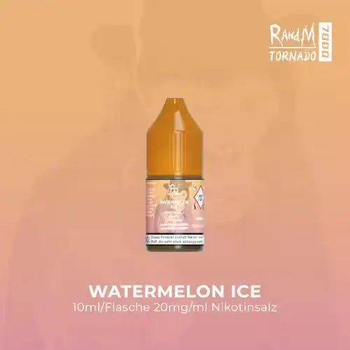 Produktbild des RandM Tornado Liquids in der Sorte Watermelon Ice. Eine 10ml Liquidflasche mit orangefarbenem Verschluss steht im Zentrum vor einem pfirsichfarbenen Hintergrund, auf dem dezent das Logo des RandM-Affen zu sehen ist. Oben rechts befindet sich der Schriftzug „RandM TORNADO 7000“. Unterhalb der Flasche steht groß „WATERMELON ICE“ sowie die Angabe „10ml/Flasche 20mg/ml Nikotinsalz“. Ein deutscher Gesundheitshinweis ist deutlich auf dem Etikett der Flasche sichtbar.