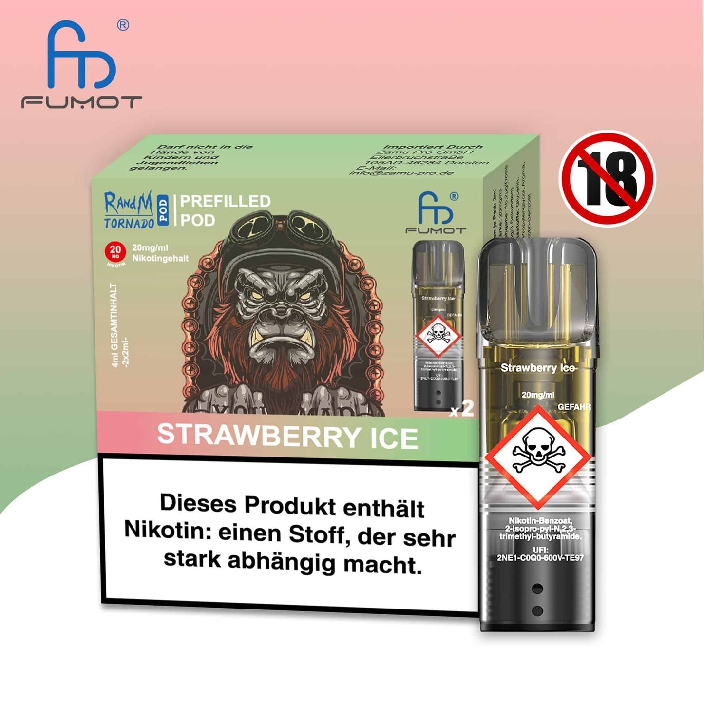 Produktbild der RandM Tornado Prefilled Pods in der Sorte Strawberry Ice. Zu sehen sind die hellgrüne Verpackung mit einer Gorilla-Illustration (mit Fliegerbrille), ein einzelner transparenter Pod und ein 18+ Warnsymbol. Die Packung enthält zwei Pods mit 20 mg/ml Nikotin und trägt einen deutschen Gesundheitshinweis.