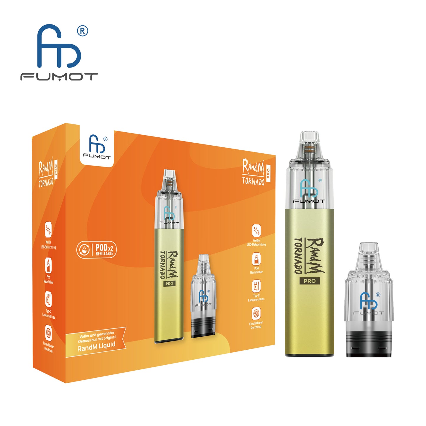 Produktbild der RandM Tornado Pro E-Zigarette von FUMOT in Gold. Abgebildet ist die orange-gelbe Verkaufsverpackung zusammen mit dem Vape-Gerät und einem separaten, transparenten Pod. Auf der Box sind Merkmale wie die weiße LED-Beleuchtung, der Typ-C Ladeanschluss und der Hinweis auf zwei enthaltene nachfüllbare Pods aufgeführt.