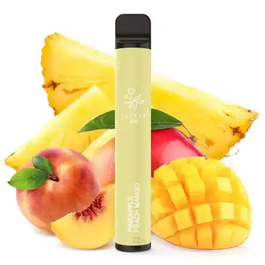 Bild mit Elfbar 600 Pineapple Mango Peach nikotinfrei im Hintergrund sind Pfirsiche und Ananas.