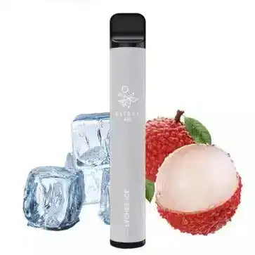 Bild mit Elfbar 600 Lychee Ice nikotinfrei im Hintergrund sind Lychees und Eiswürfel.