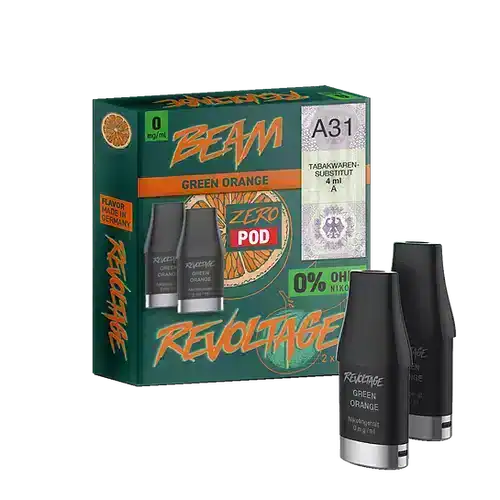 Bild mit Revoltage Green Orange Pods nikotinfrei im Hintergrund ist die Verpackung.