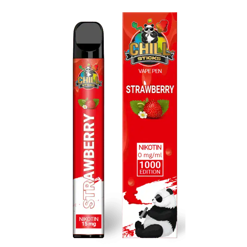 Bild mit Chillsticks Strawberry nikotinfrei im Hintergrund ist die Verpackung.