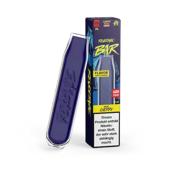 Revoltage Blue Cherry Produktbild mit Vape und Verpackung