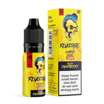 Revoltage Yellow Raspberry E-Liquid 20mg Produktbild mit E-Liquid und Verpackung