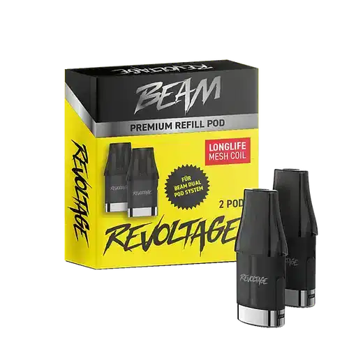 Beam Premium Refill Pod Pack mit zwei Pods für das BEAM Dual Pod System. Die Pods verfügen über eine Longlife Mesh Coil für eine verbesserte Dampfproduktion und Langlebigkeit, verpackt in einer gelben Box mit dem 'REVOLTAGE'-Branding.