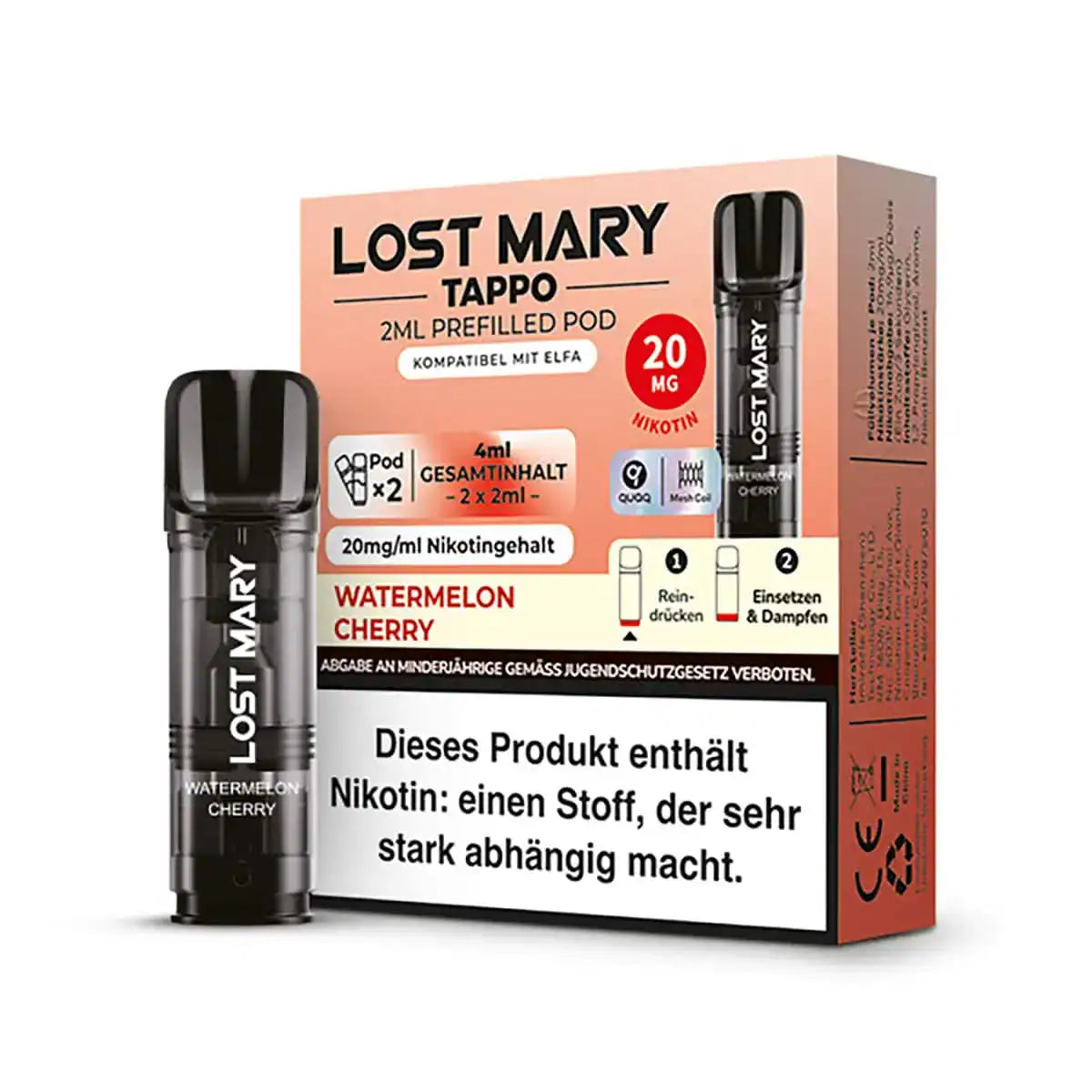 Bild mit Lost Mary Pods Watermelon Cherry im Hintergrund ist die Verpackung.