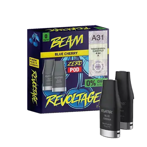 Bild mit Revoltage Blue Cherry Pods nikotinfrei im Hintergrund ist die Verpackung.