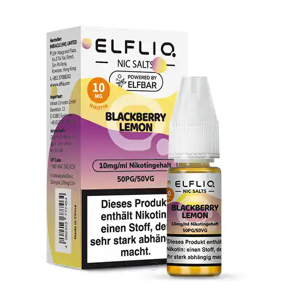 10ml Elfliq Blackberry Lemon mit 20 mg/ml nikotinstärke by Elf Bar mit Verpackung.