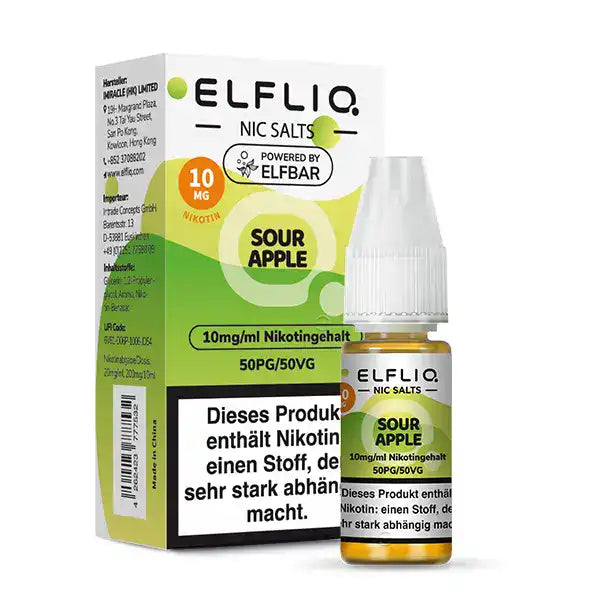 10ml Elfliq Sour Apple mit 20 mg/ml nikotinstärke by Elf Bar mit Verpackung.