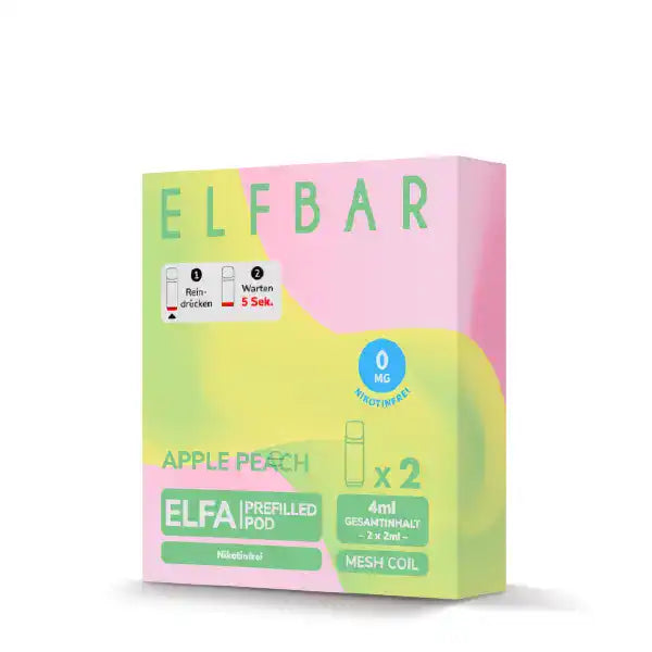 2ml ELFA Pods Apple Peach nikotinfrei mit 0 mg/ml nikotinstärke by Elf Bar mit Verpackung.